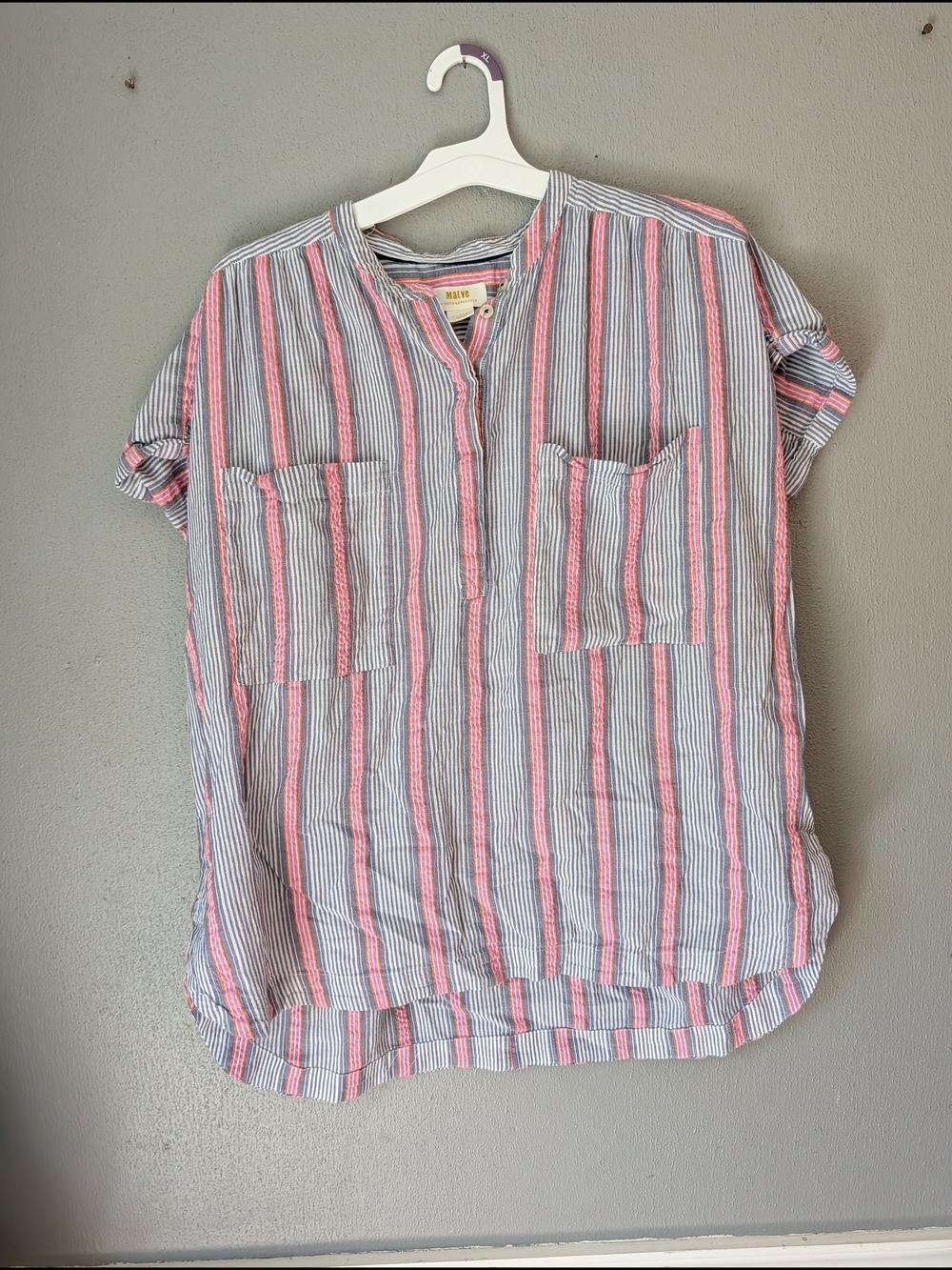Maeve  Oversized Striped Short Sleeve Top in Pink, White and Blue